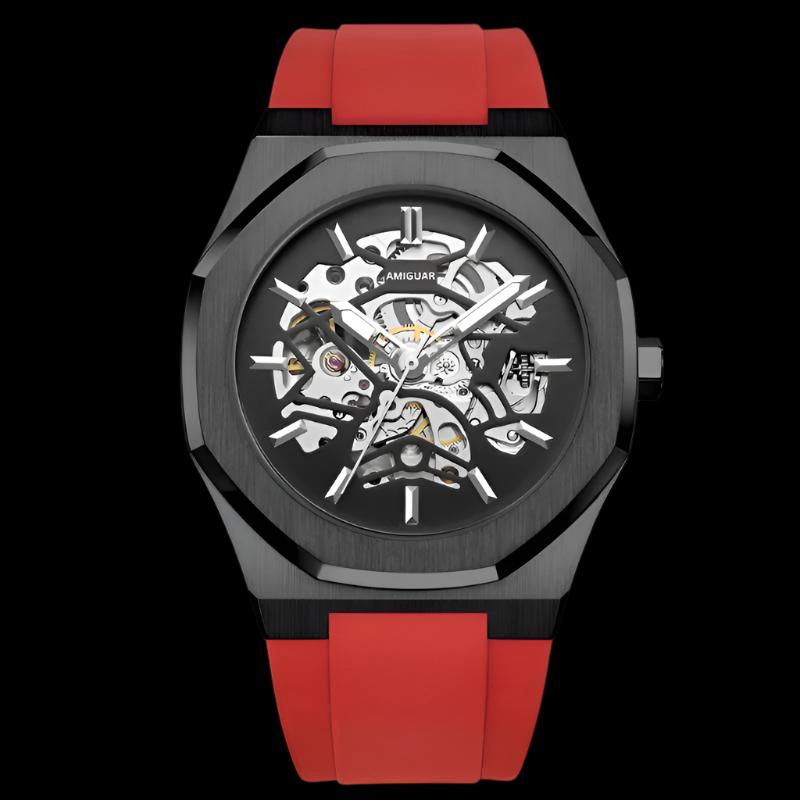 Fortis Red Silicone Strap Skeleton Watch | Amiguar